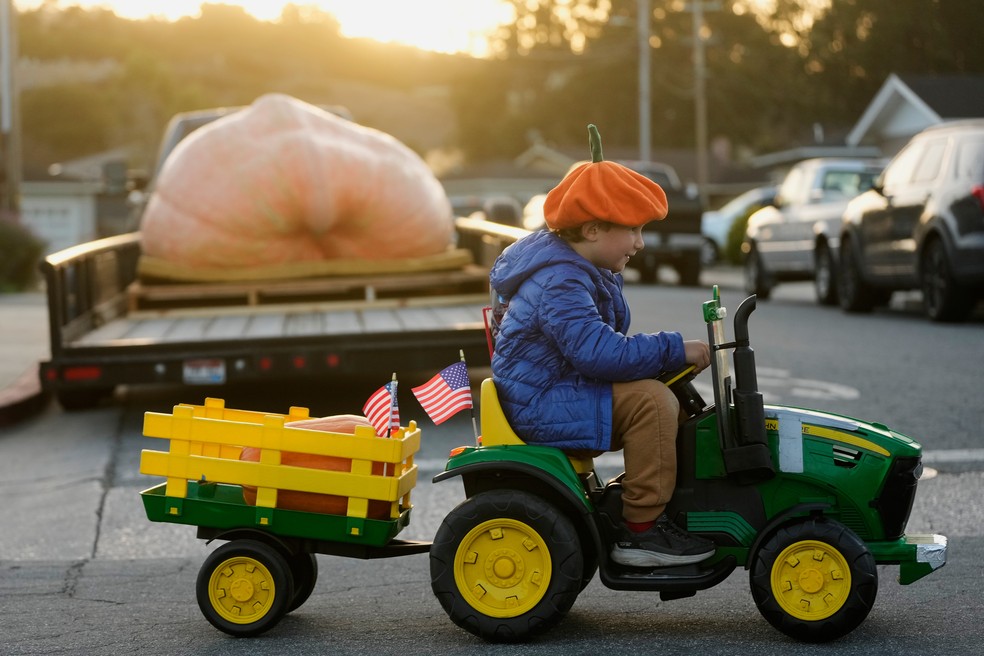 Miles, de 6 anos, passa dirigindo ao lado de uma abóbora gigante que será inscrita no Campeonato Mundial de Pesagem de Abóboras Safeway, na segunda-feira, 12 de outubro de 2026, em Half Moon Bay, na Califórnia. — Foto: Jeff Chiu/AP