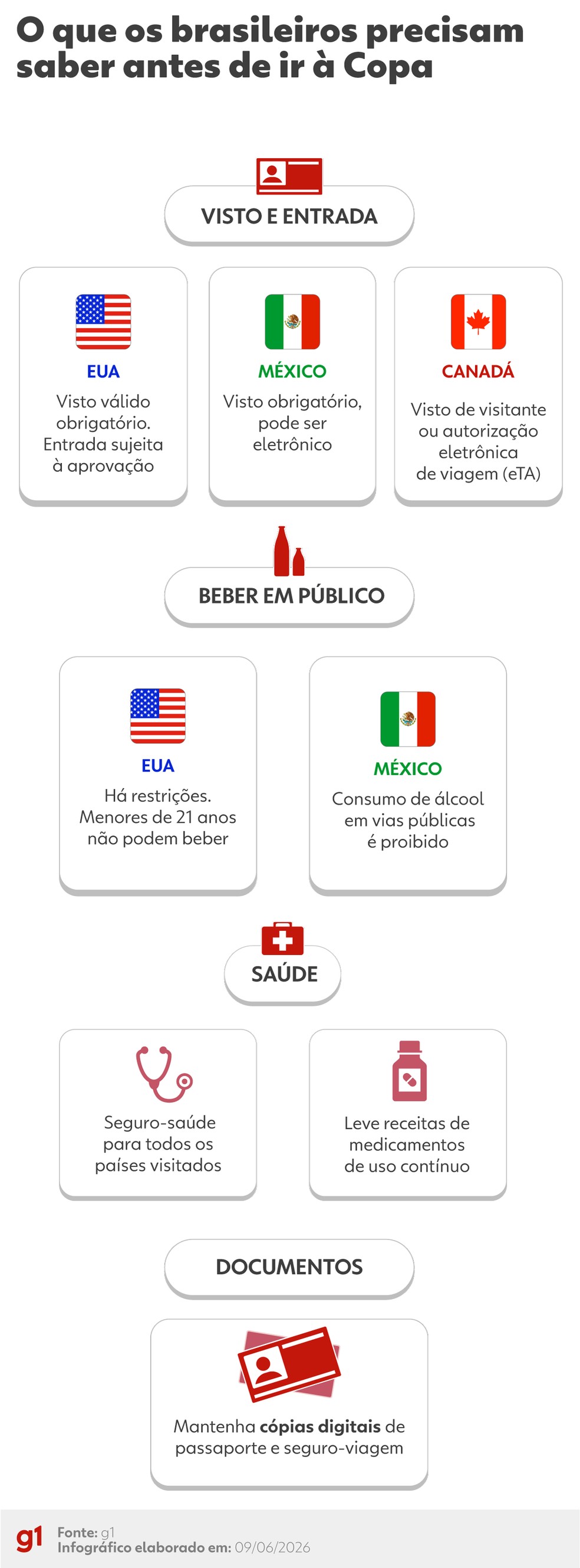 Infográfico - O que os brasileiros precisam saber ao viajar para os países da Copa. — Foto: Arte/g1