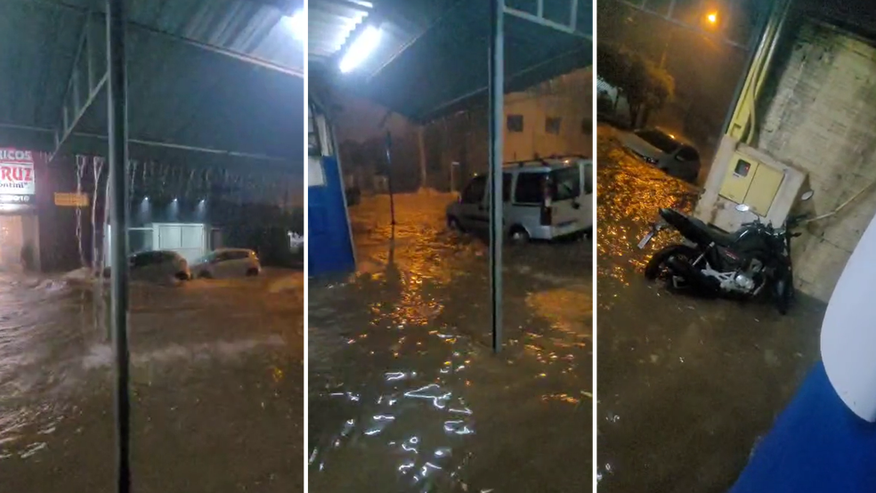 Rua alagada atinge com&eacute;rcio e carros em Mirassol (SP), por causa do temporal da noite de ter&ccedil;a-feira (24) &mdash; Foto: Arquivo pessoal