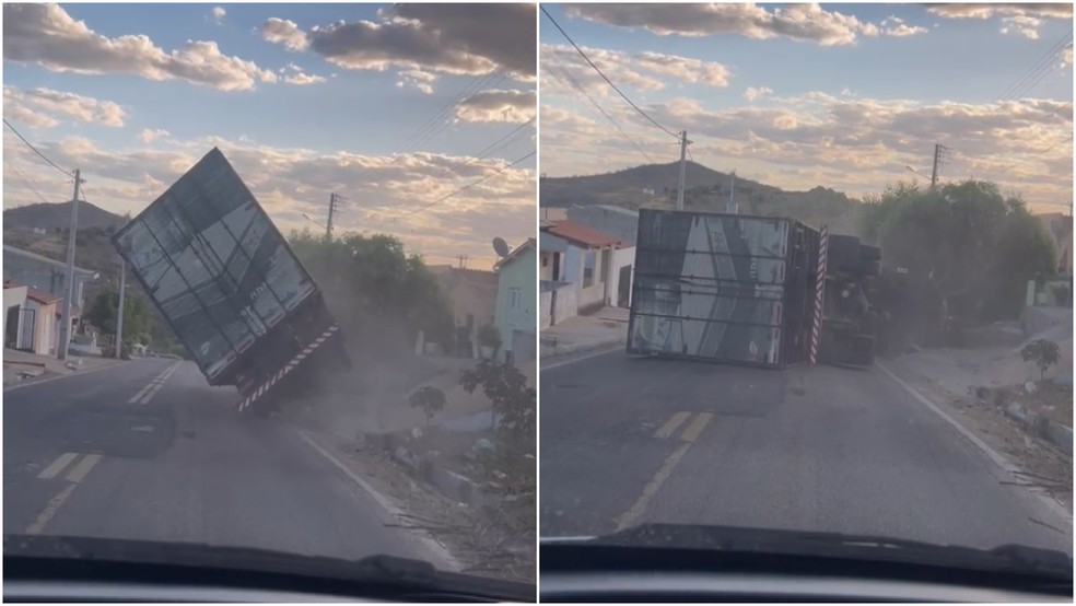 Caminhão sem freio colide e tomba em ladeira no interior do Ceará — Foto: Reprodução