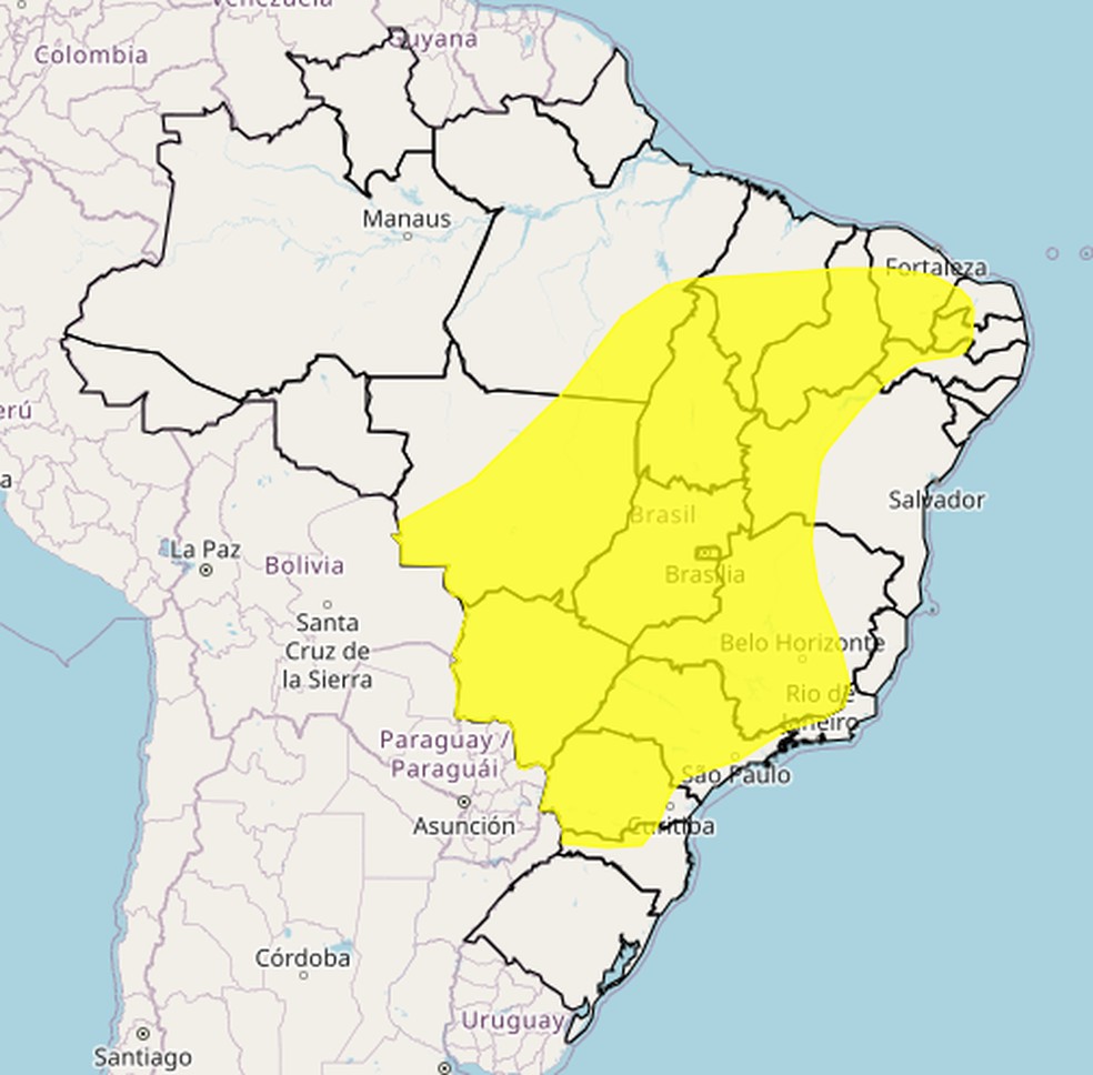 As regiões em amarelo devem ter níveis críticos de umidade do ar nos próximos dias. — Foto: Inmet