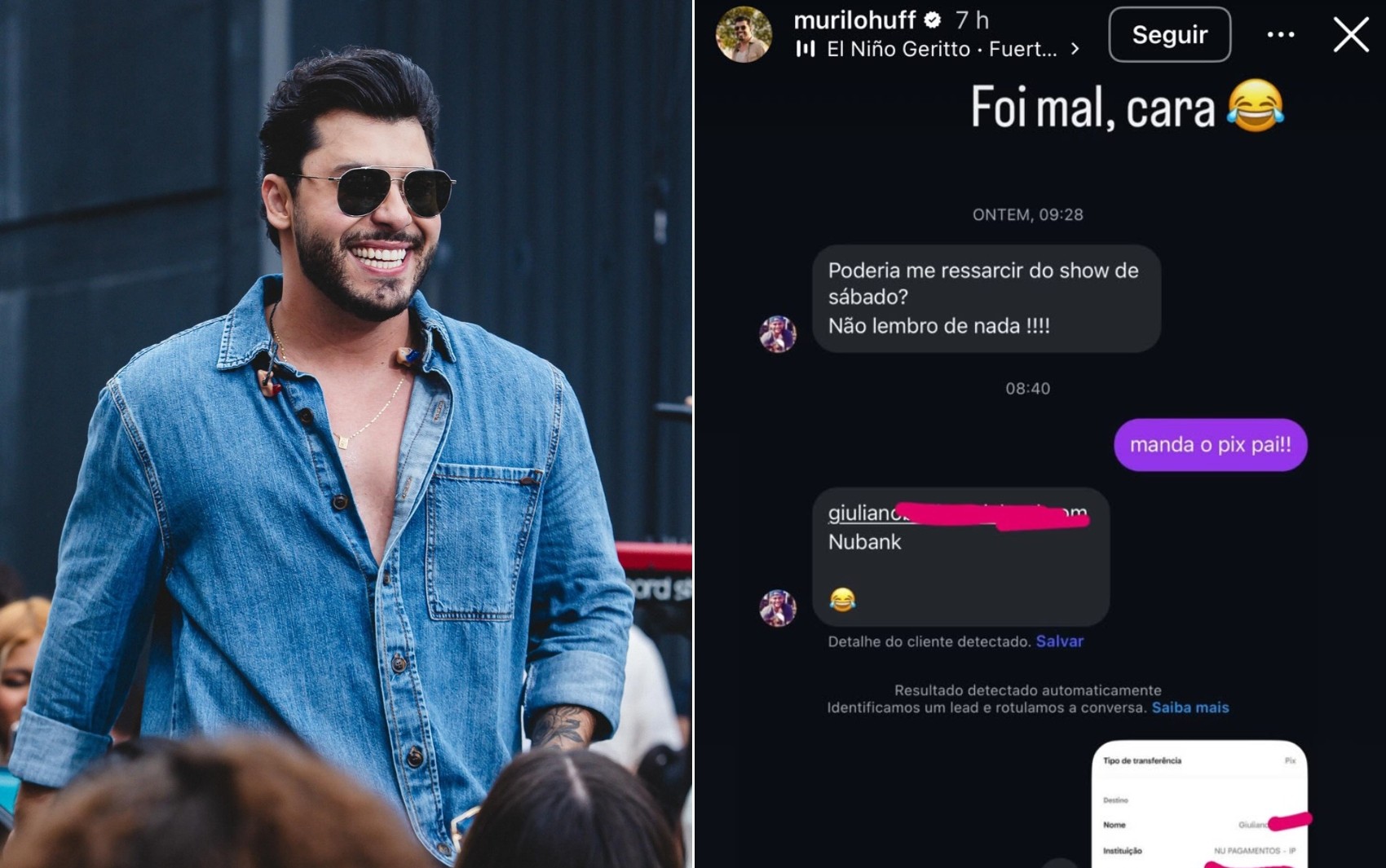 Fã pede Pix a Murilo Huff por não se lembrar de show, e reação do cantor diverte a web