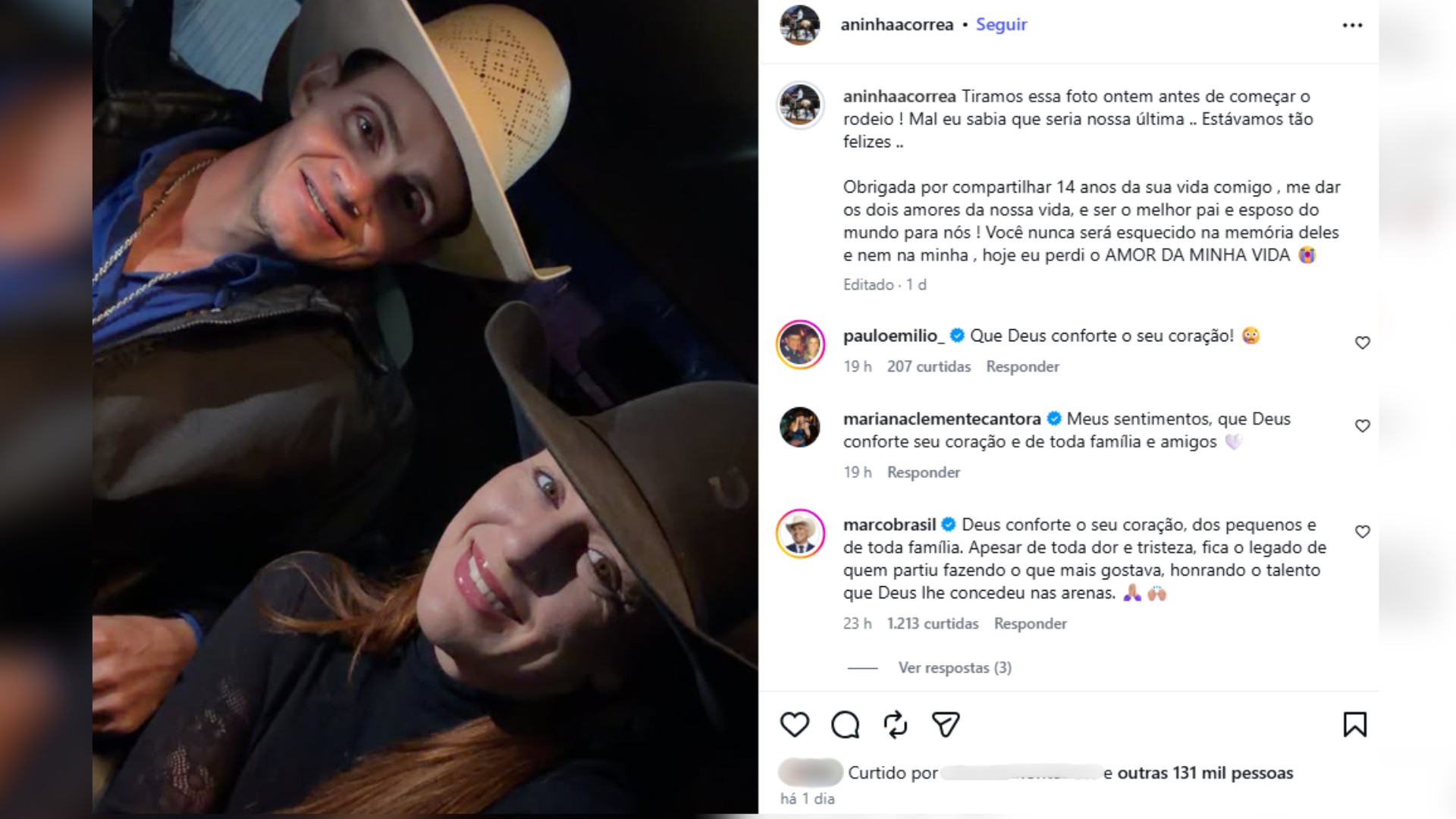 Esposa posta foto que fez em rodeio horas antes de peão morrer pisoteado por touro: 'Mal eu sabia que seria nossa última'