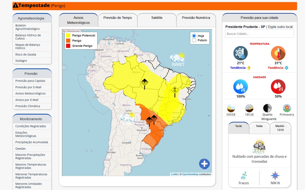 INMET divulgou alerta sobre risco de tempestade no Oeste Paulista, entre domingo (12) e segunda-feira (13) — Foto: Reprodução/INMET