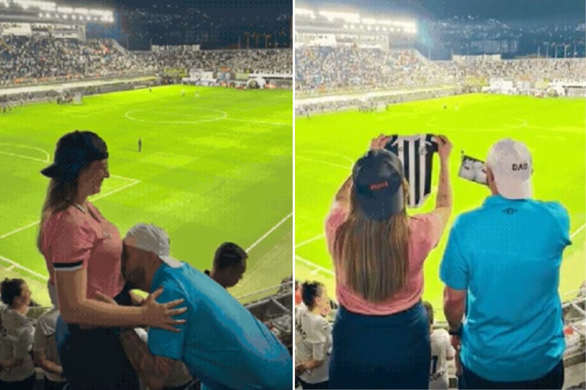 Casal anuncia gravidez durante jogo do Santos na Vila Belmiro e viraliza; VÍDEO