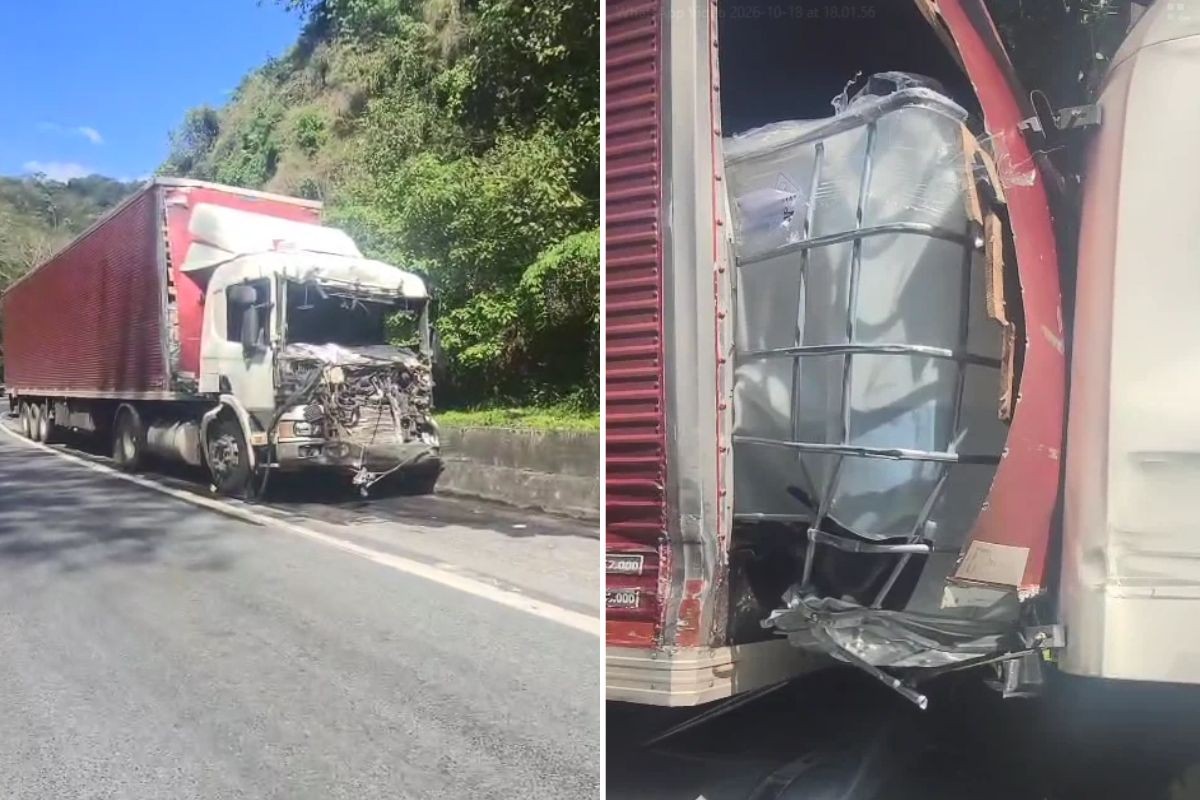 Batida entre caminhões provoca vazamento de produto químico em rodovia de SP; VÍDEO