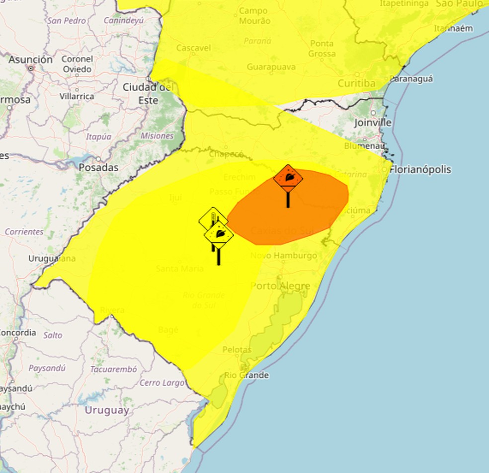 Áreas sob aviso do Inmet na região Sul do país. — Foto: Inmet/Reprodução