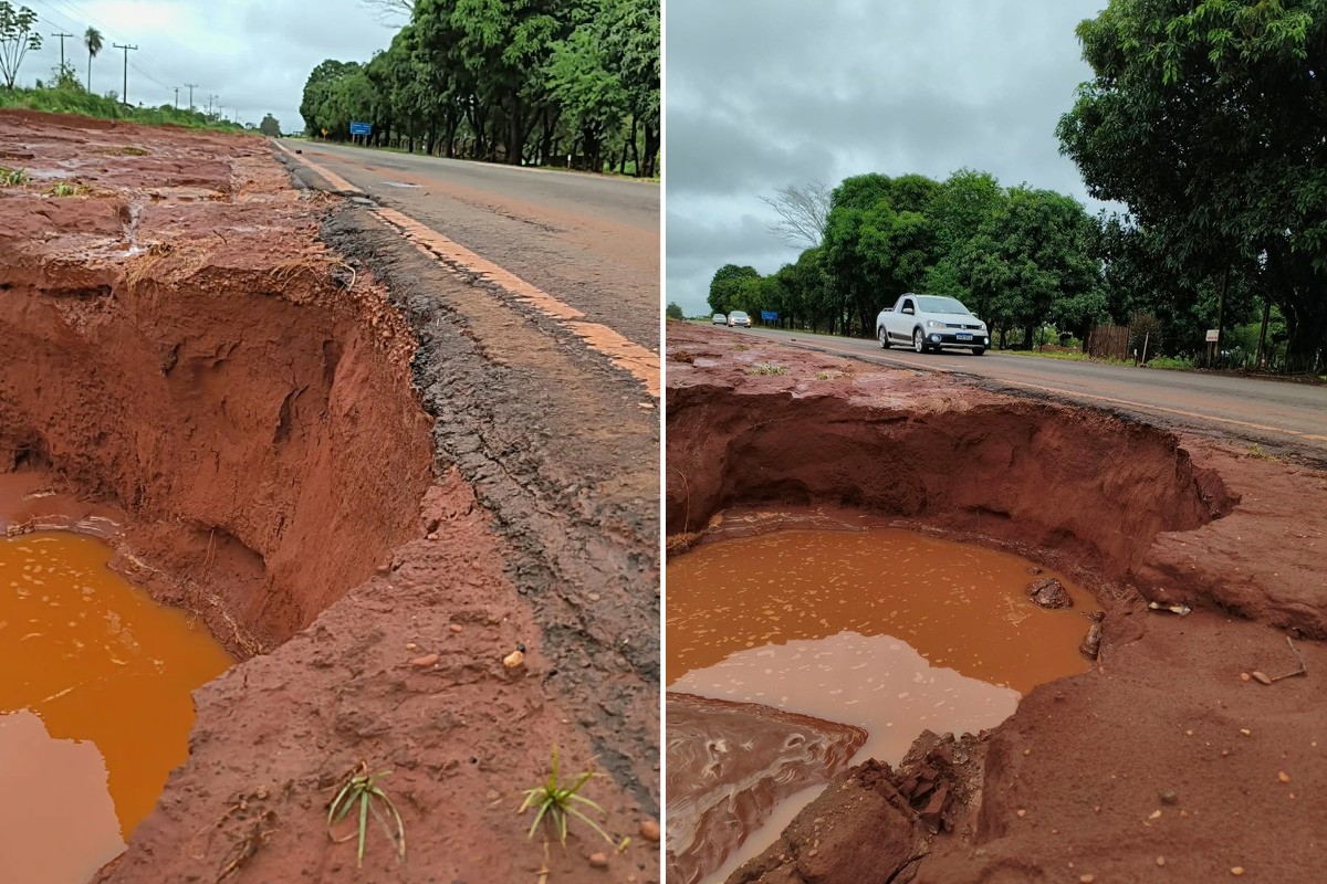 Acostamento cede e cratera se abre após chuva às margens de rodovia em MS; veja VÍDEO