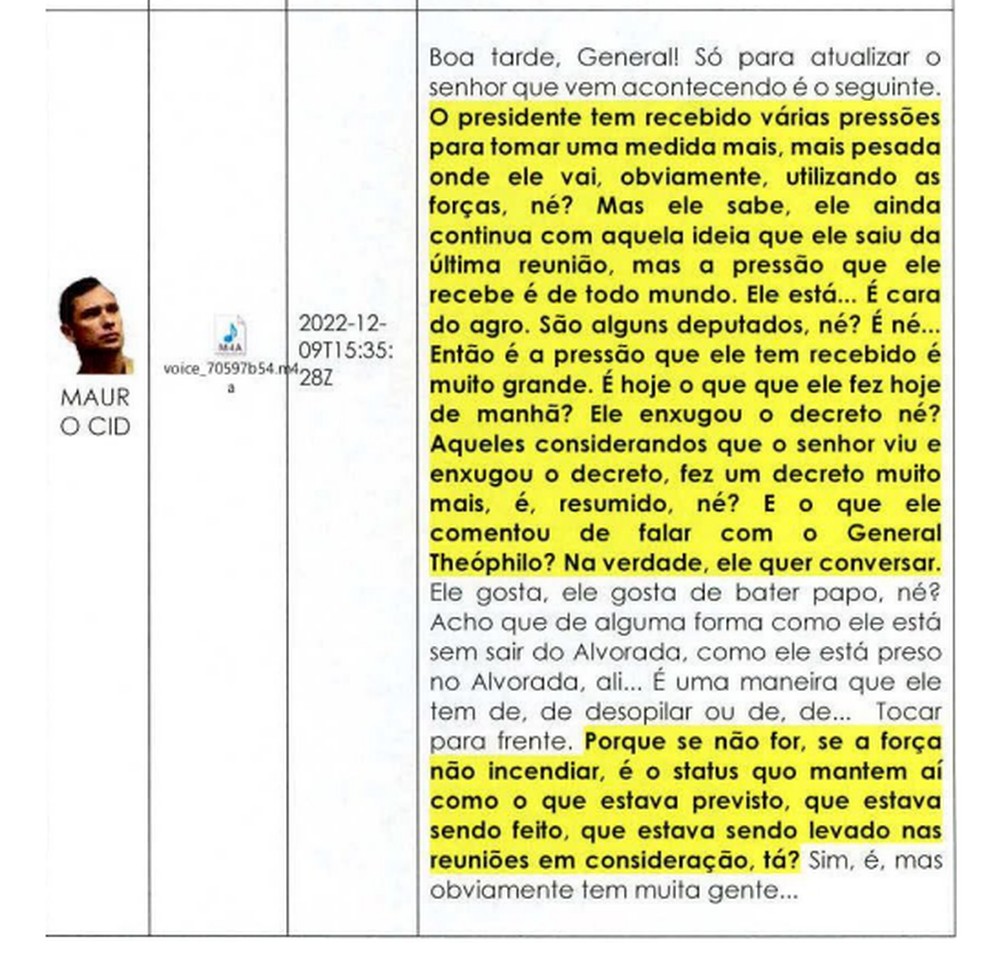 Áudio enviado por Mauro Cid ao general Freire Gomes — Foto: PF/Reprodução