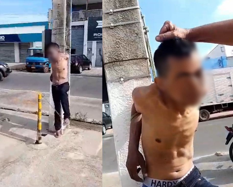 Vídeo: suspeito de arrombamentos é amarrado em poste e agredido pela população na Zona Sul de Teresina
