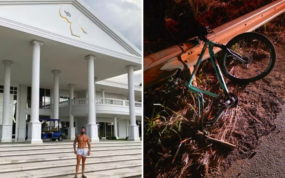 Mansão do cantor, localizada na Fazenda Balada, e bicicleta do funcionário que morreu no acidente em Bela Vista de Goiás — Foto: — Fotos: Reprodução/Instagram de Gusttavo Lima e Reprodução