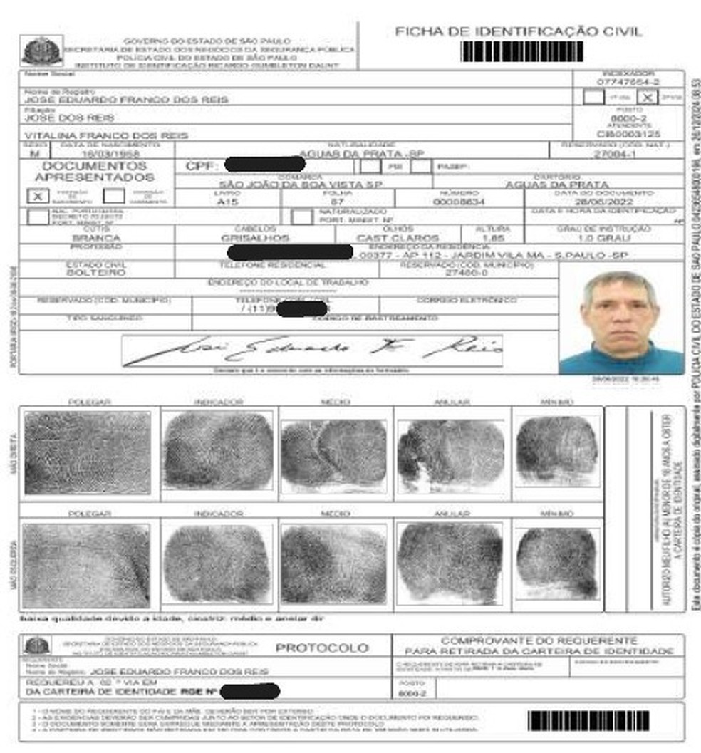 Juiz tirou segunda via do RG com nome verdadeiro de José Eduardo, de acordo com as apurações — Foto: Reprodução