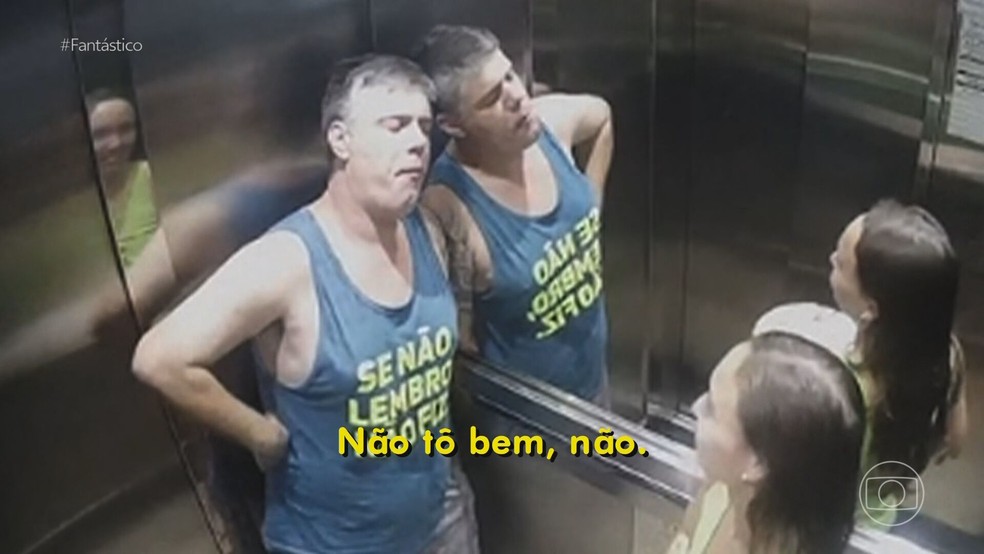 "Não tô bem, não", diz Luiz Marcelo no elevador antes de morrer. — Foto: TV Globo/Reprodução