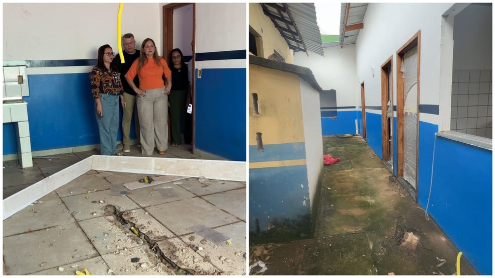 Comissão de Saúde da Câmara em visita à UBS Macaranã (à esquerda); obra parada da UBS Maracanã (à direita) — Foto: Divulgação