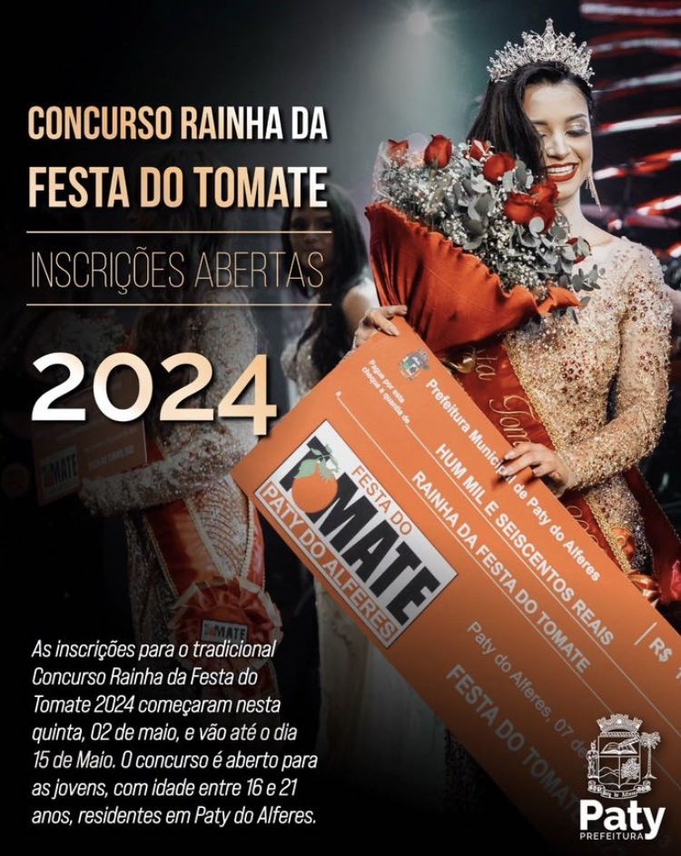 Abertas as inscrições para concurso Rainha da Festa do Tomate 2024 em Paty do Alferes