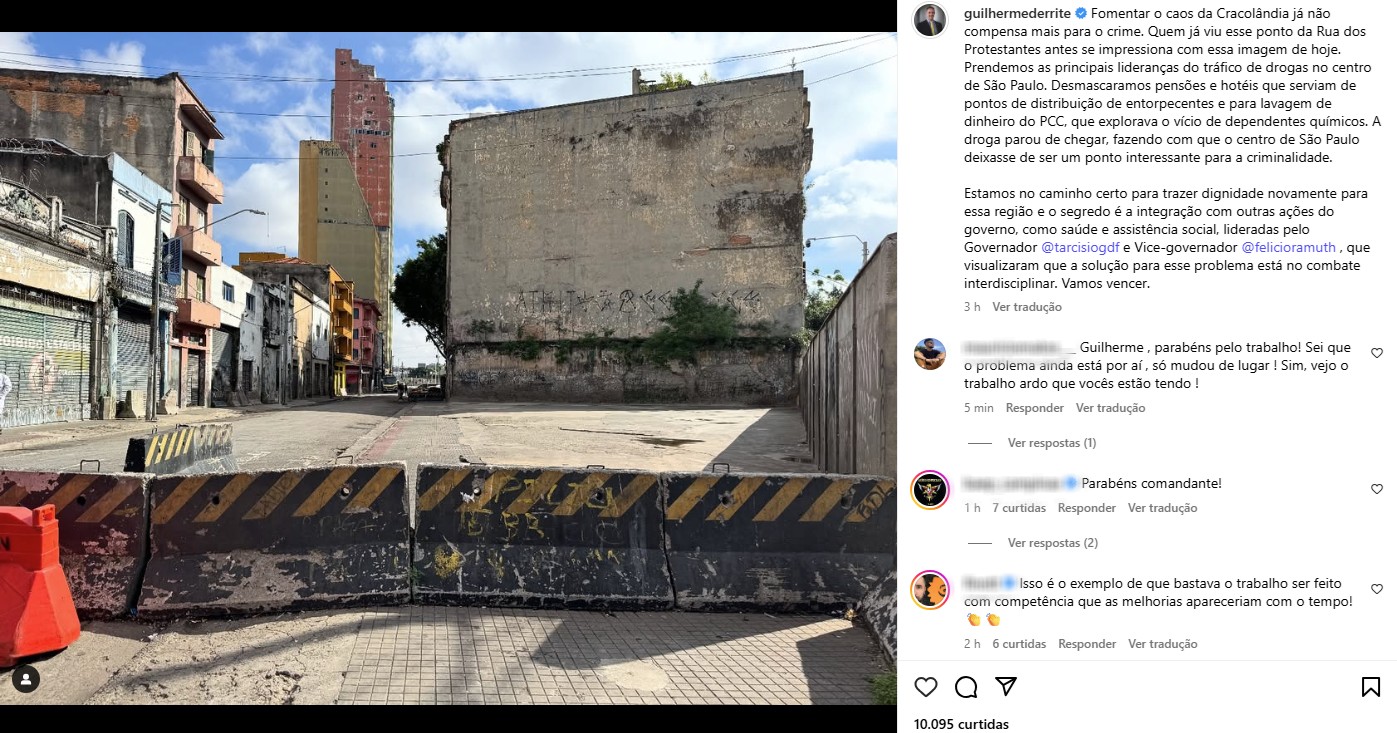 Vice-prefeito de SP e Derrite comemoram diminuição do 'fluxo' da Cracolândia e parabenizam forças de segurança