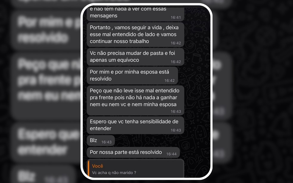 Print da conversa do vereador Edimar Bezerra da Silva com a servidora — Foto: Arquivo pessoal da servidora