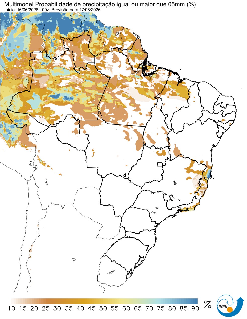 Previs&atilde;o de chuva nesta quarta em todo o pa&iacute;s. &mdash; Foto: CPTEC/Inpe