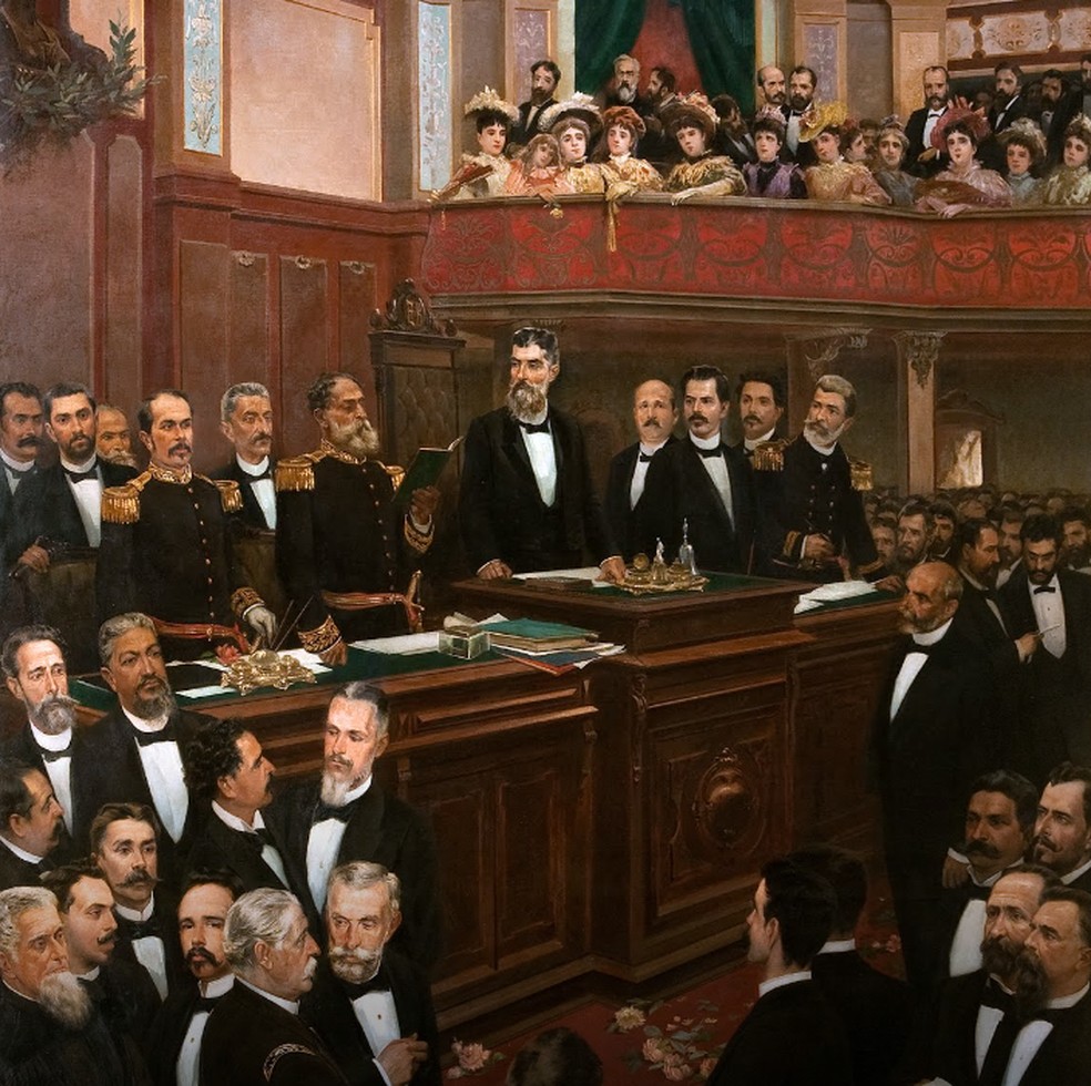 Parte da obra "Compromisso constitucional", de Aurélio de Figueiredo, 1896. Deodoro da Fonseca (segurando livro); Peixoto à direita de Deodoro (de uniforme); e Prudente de Morais no centro do quadro, à esquerda de Deodoro, de barba. — Foto: Acervo do Museu da República