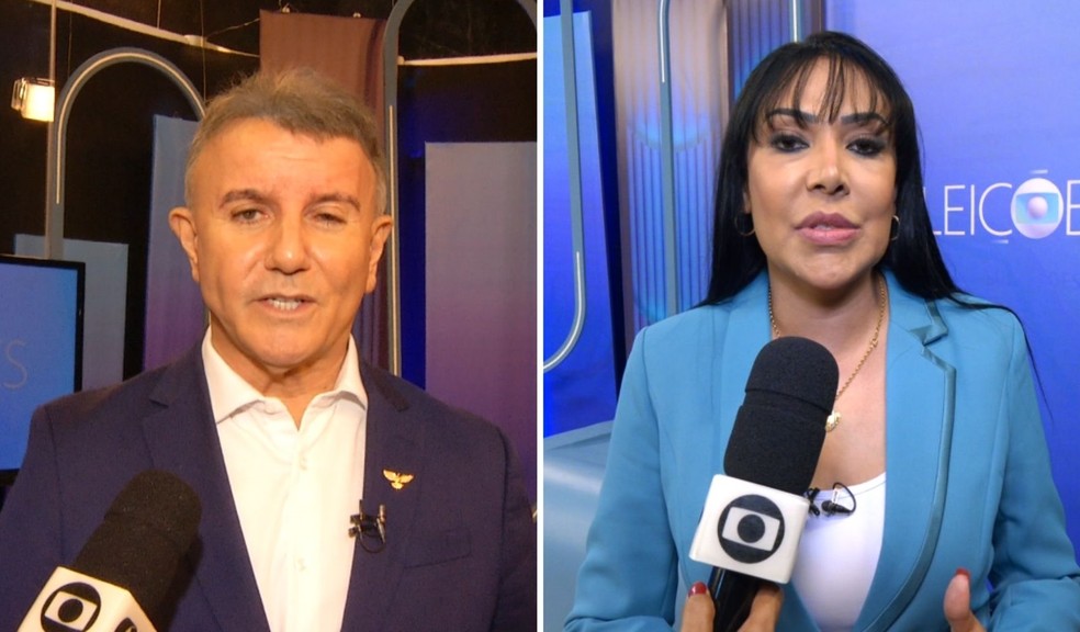 Eduardo Siqueira Campos (Podemos) e Janad Valcari (PL) no debate da TV Anhanguera, em Palmas — Foto: Reprodução/TV Anhanguera