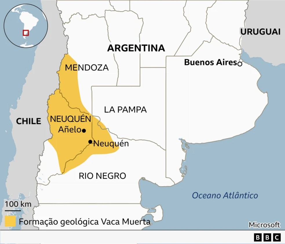 Localização da formação geológica Vaca Muerta — Foto: BBC