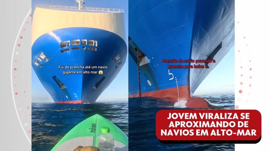VÍDEO: Jovem viraliza ao se aproximar de navios em alto-mar em prancha e Marinha alerta que prática é ilegal - Programa: G1 ES 