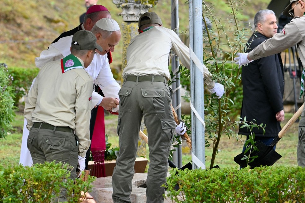 Papa Leão planta oliveira durante uma visita ao sítio arqueológico de Hipona, em Annaba, na Argélia — Foto: ALBERTO PIZZOLI / AFP