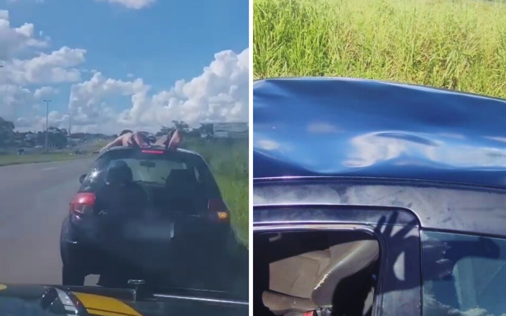 Policiais encontram teto amassado aps passageiro ser flagrado viajando em cima de carro, na BR-153  Foto: Divulgao/Polcia Rodoviria Federal