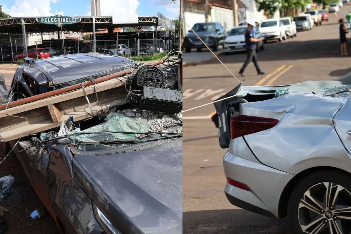 Caminhão derruba três postes e atinge dois carros em cruzamento de Campo Grande