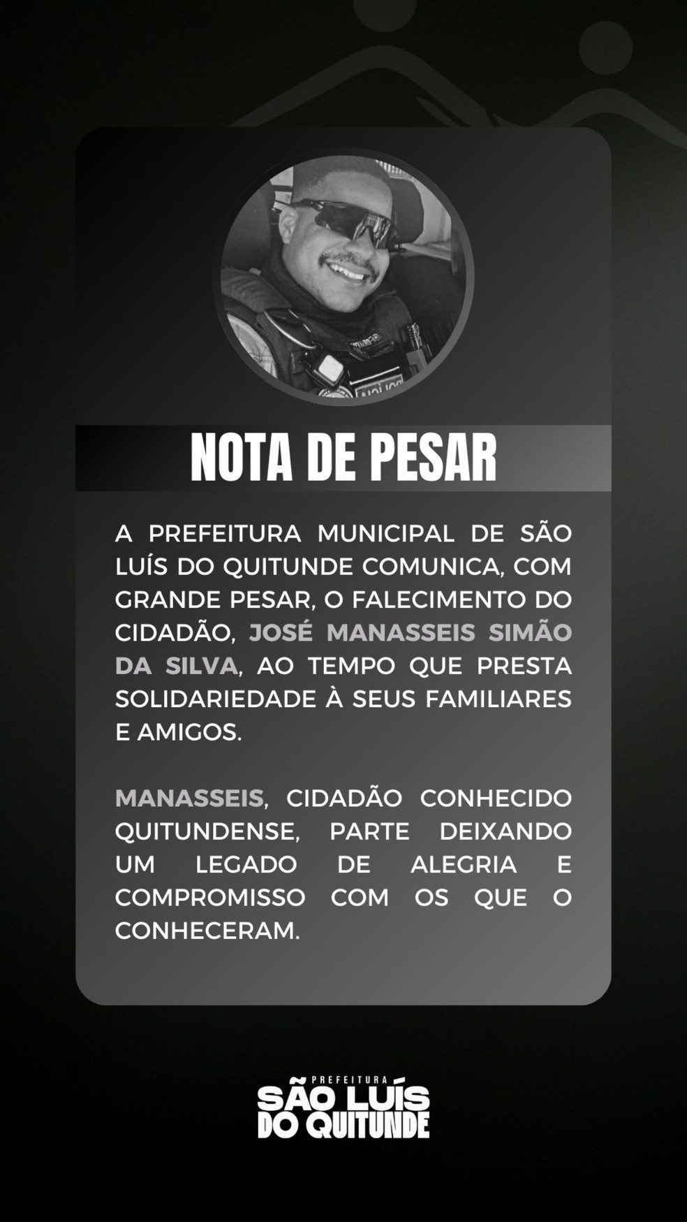 Prefeitura de São Luís do Quitunde, AL, emite nota de pesar pela morte do policial militar José Manasseis Simão da Silva — Foto: Reprodução/Instagram