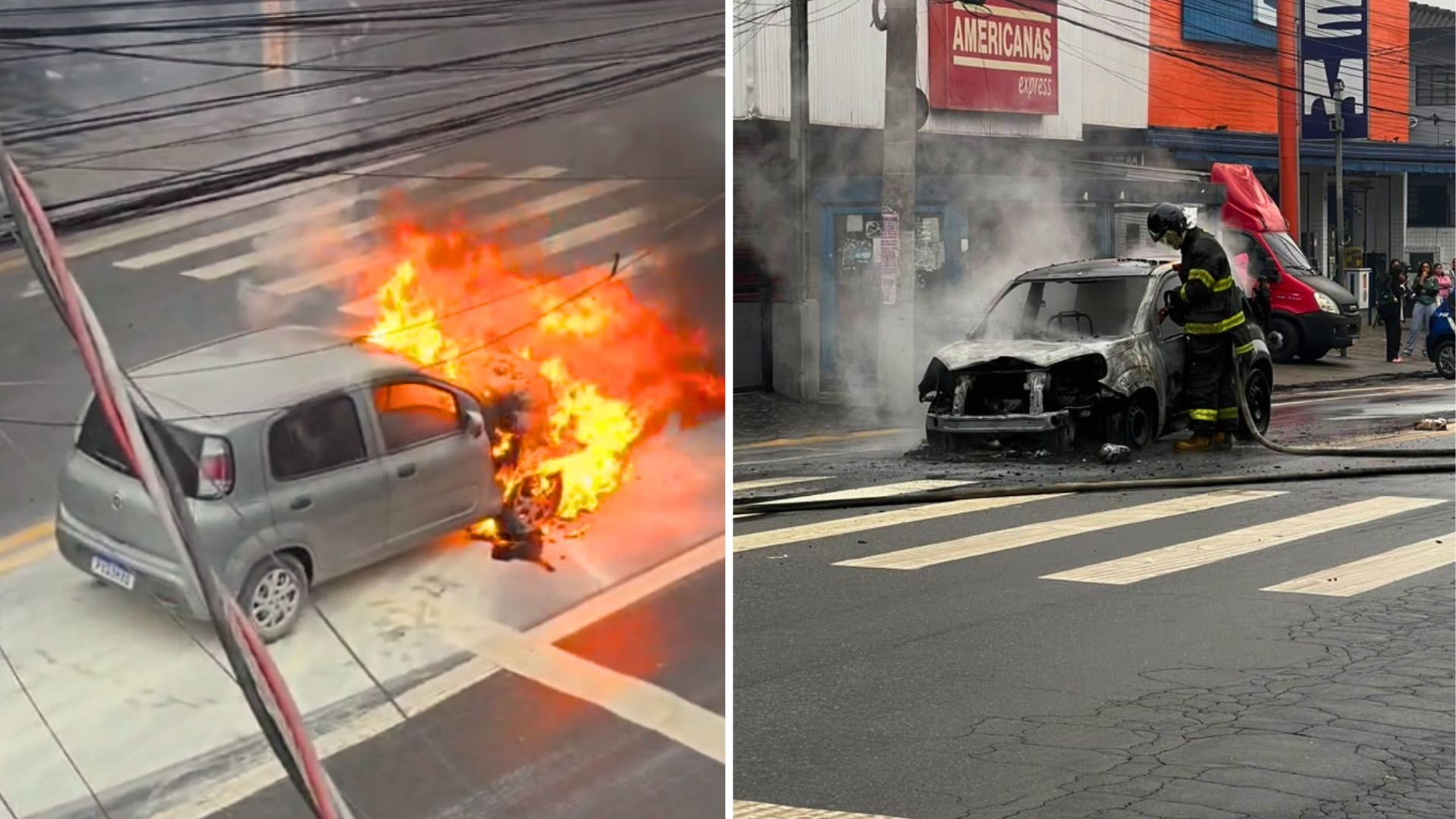 Carro pega fogo em avenida no Centro de Itaquaquecetuba