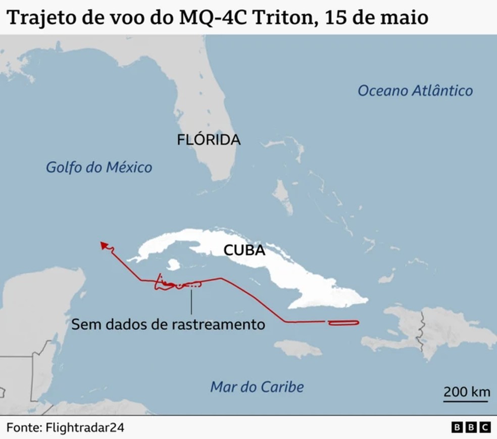 No dia 15 de maio, dois drones de vigilância americanos MQ-4C Triton também operaram perto do litoral do sul de Cuba. — Foto: FlightRadar/Via BBC