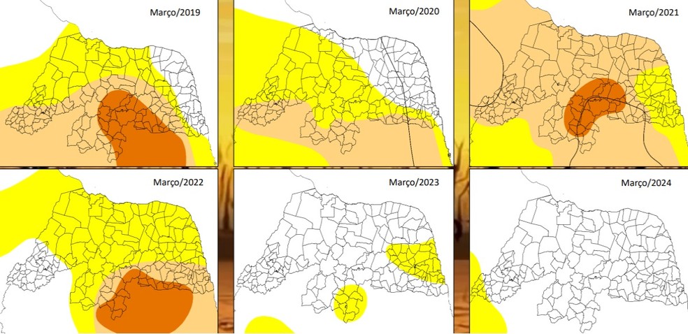 Mapas mostram quadros da seca no Rio Grande do Norte ao longo dos últimos anos, sempre no mês de março — Foto: Reprodução