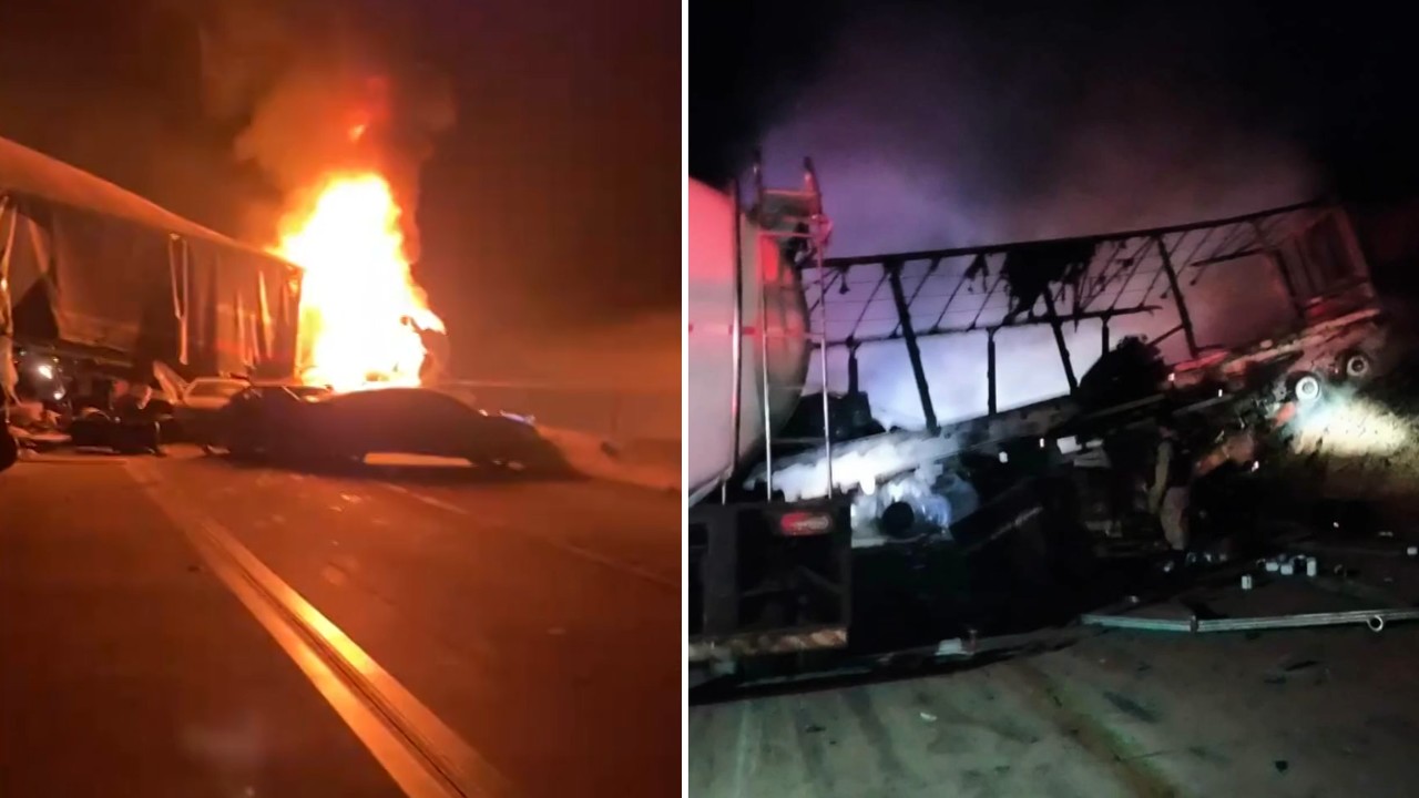 Caminhão-tanque pega fogo após bater em nove veículos e interdita a BR-381 em MG; veja vídeo
