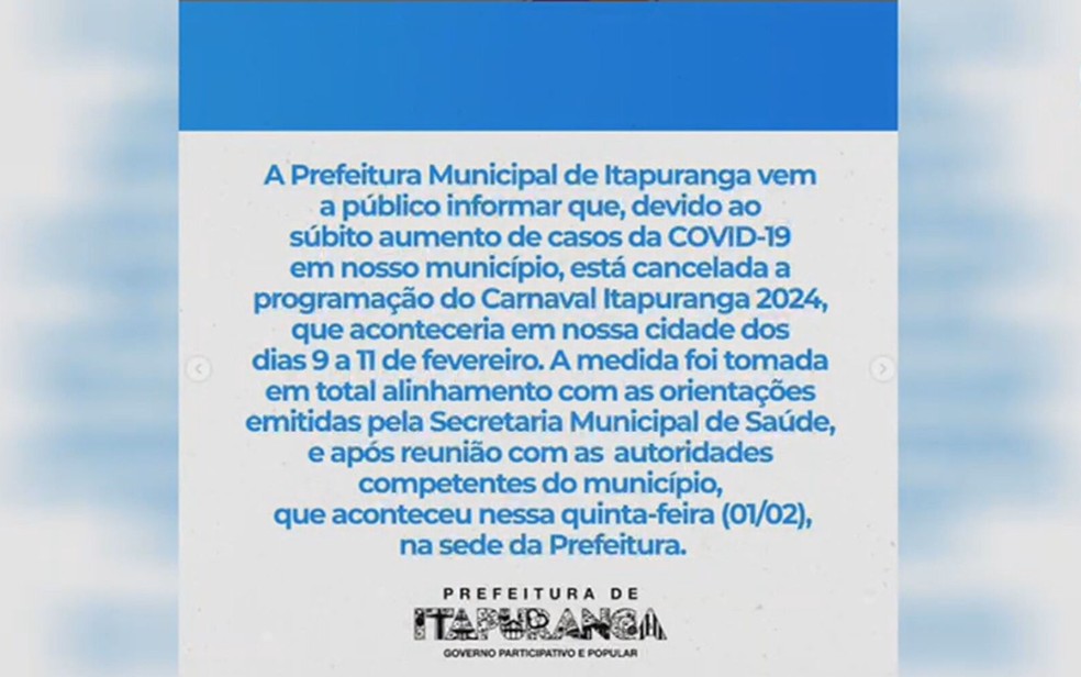 Nota publicada pela prefeitura de Itapuranga cancelando o carnaval de 2024, em Goiás — Foto: Reprodução/Redes Sociais