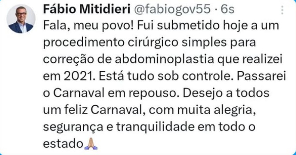 Fábio Mitidieri informa que passou por procedimento cirúrgico. — Foto: Redes Sociais