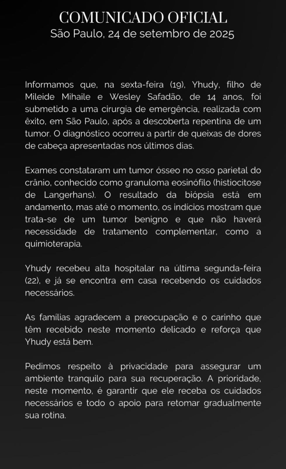 Filho de Wesley Safadão e Mileide Mihaile passa por cirurgia de emergência após descoberta de tumor