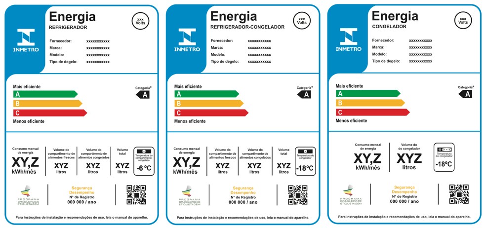 Montagem com o novo selo do Inmetro para geladeiras, congeladores e geladeiras com congeladores v�lido a partir de 2026. � Foto: Inmetro/Divulga��o