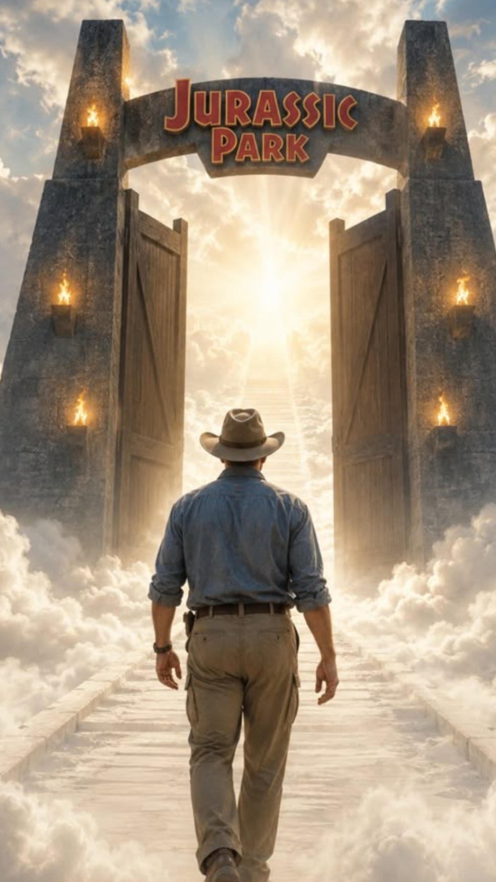 Imagem de IA cria o ator Sam Neill ao "chegar no céu" com o portão do Jurassic Park — Foto: Reprodução/ X