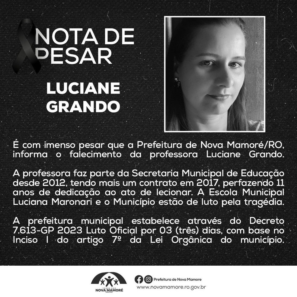 Nota de Pesar da Prefeitura de Nova Mamoré sobre a morte da professora Luciane Grando — Foto: Reprodução/Redes Sociais