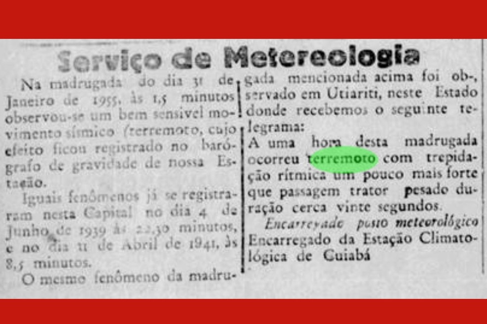 Trecho digitalizado do jornal O Estado de Mato Grosso que cita o tremor sentido em Cuiabá, em 1955 — Foto: BN Digital