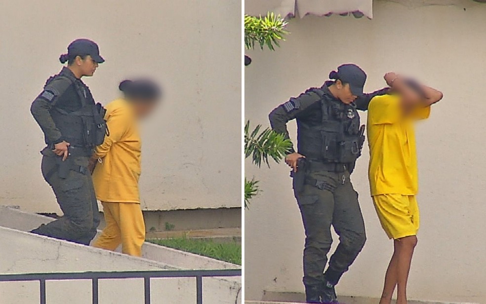 Mãe e filho suspeitos de matar adolescente durante briga em porta de escola, em Anápolis — Foto: Reprodução/TV Anhanguera