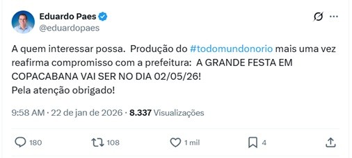 Paes confirma megashow em Copacabana no dia 2 de maio, mas não diz qual a atração