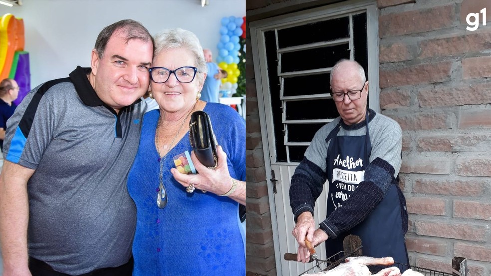 Alvaro Pietta (à dir.), de 75 anos, Beatriz Pietta, de 72, e Macximiliano Pietta, de 46, eram pai, mãe e filho. Os três eram moradores de Muçum — Foto: Montagem / Arquivo Pessoal