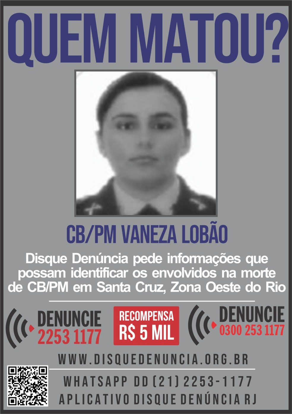 Disque Denúncia oferece recompensa de R$ 5 mil por informações que ajudem a identificar os assassinos de Vaneza Lobão — Foto: Divulgação