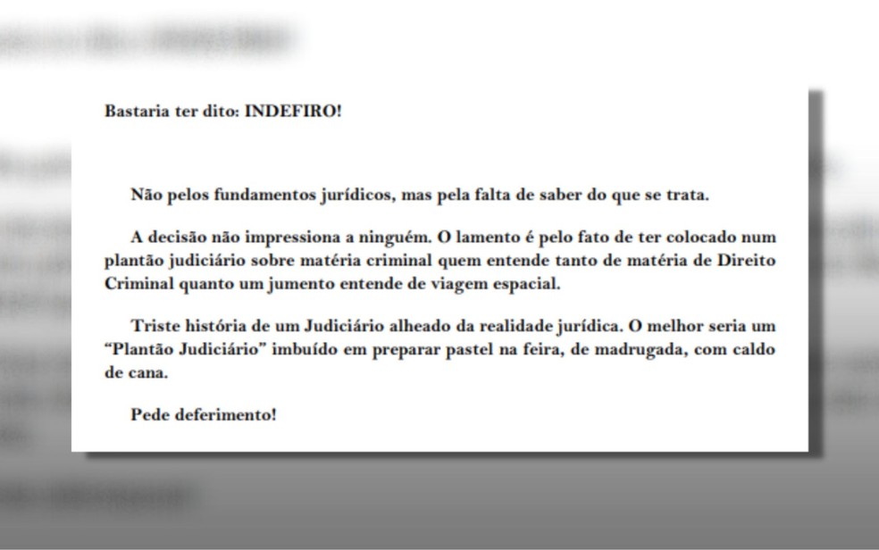 Documento em que o advogado comparou a desembargadora a um jumento, em Goiânia — Foto: Reprodução