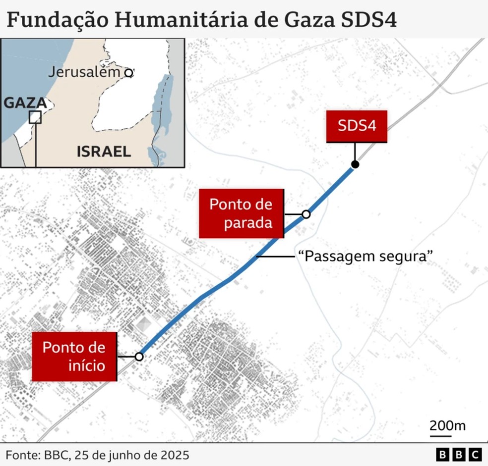 A Fundação Humanitária de Gaza tem mapas mostrando "passagens seguras" para seus locais — Foto: BBC
