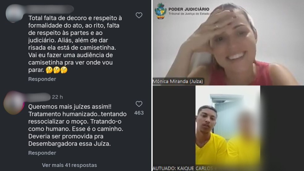 Juíza de Goiás que interagiu de forma descontraída com preso dividiu opiniões nas redes sociais — Foto: Reprodução/TV Anhanguera e Reprodução/Instagram do g1 Goiás