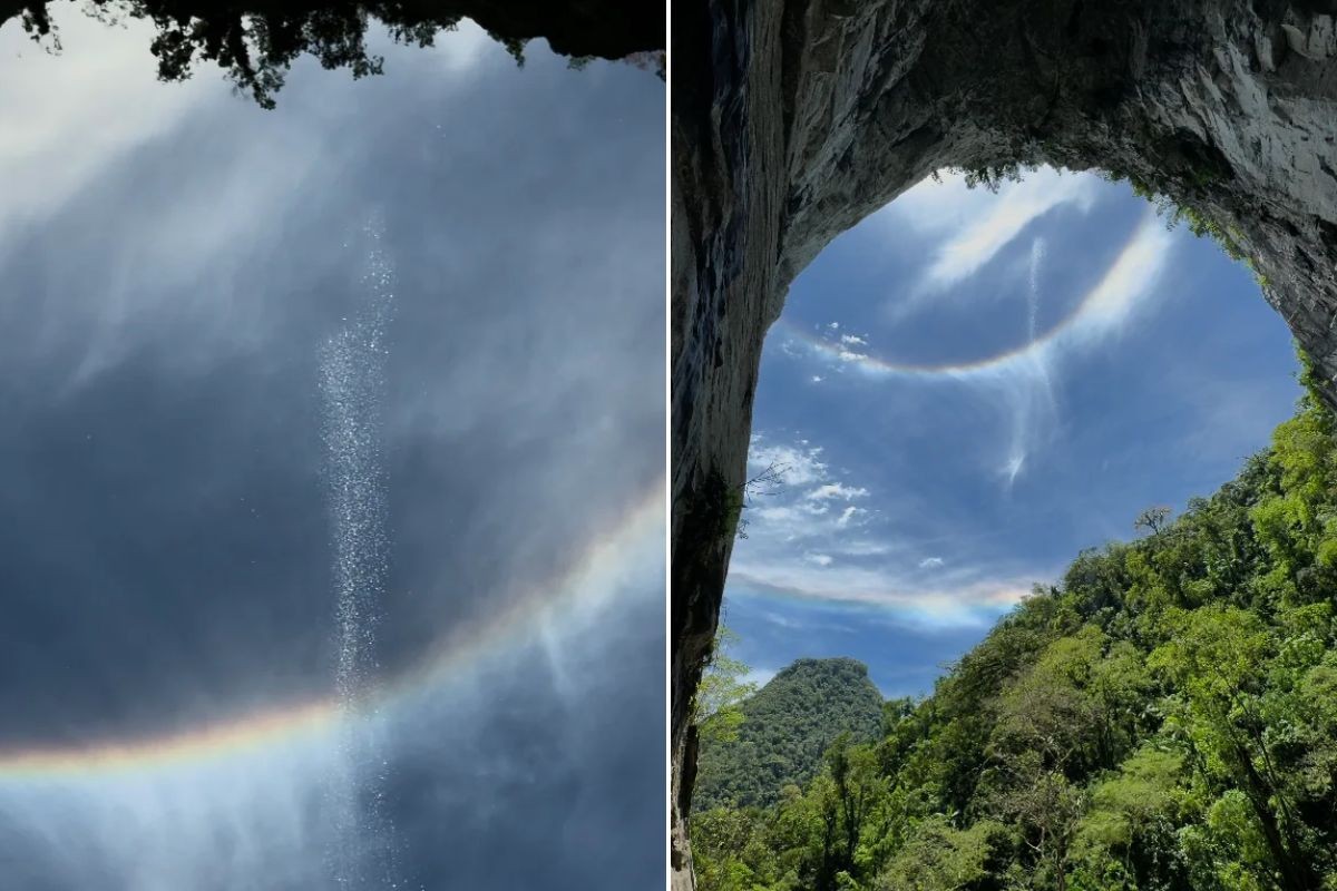 Fenômeno cria efeito de 'cachoeira no céu' na maior boca de caverna do mundo; VÍDEO