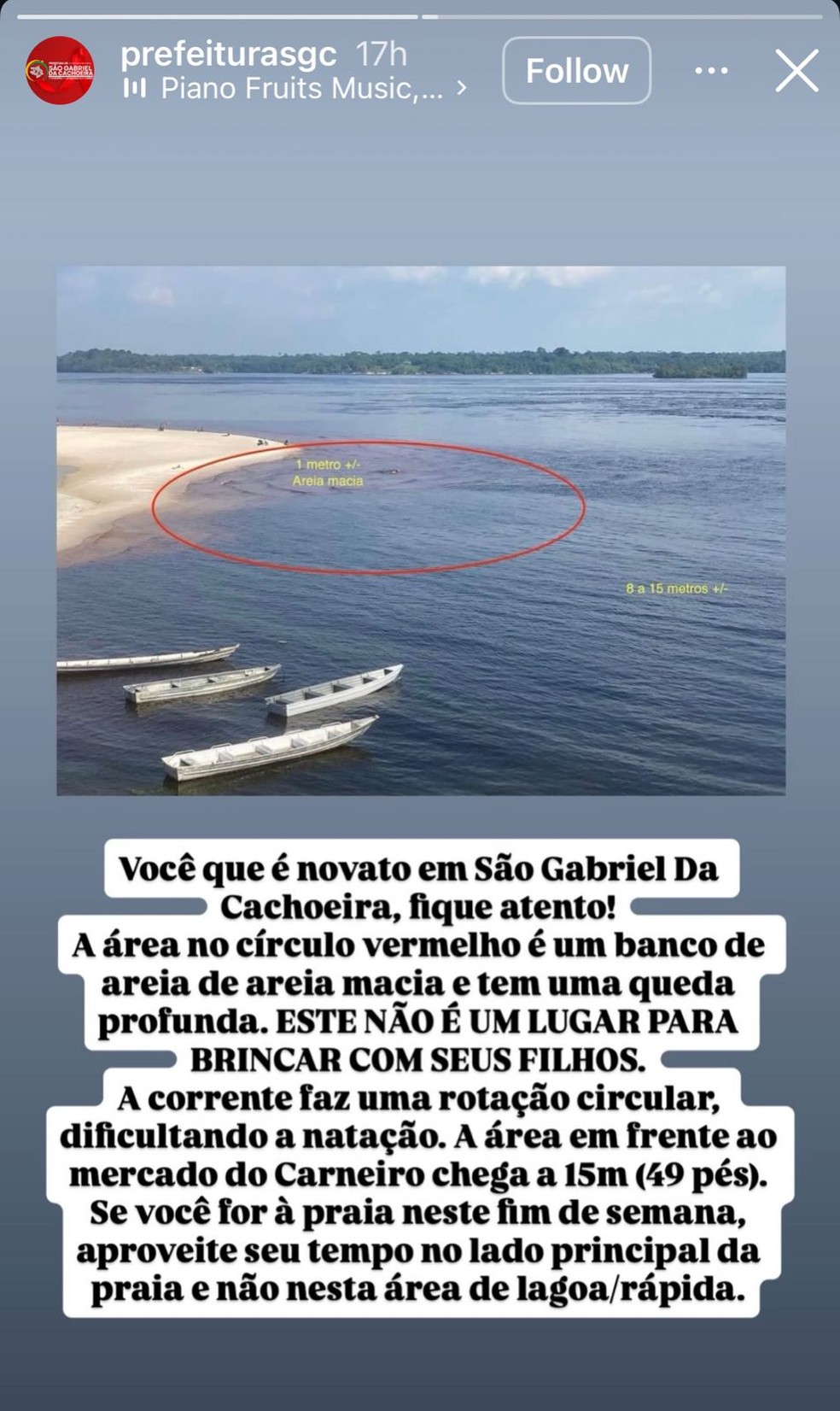 Prefeitura de São Gabriel da Cachoeira divulgou um alerta sobre um banco de areia existente na área onde "Mondragon" desapareceu. — Foto: Reprodução/Redes Sociais